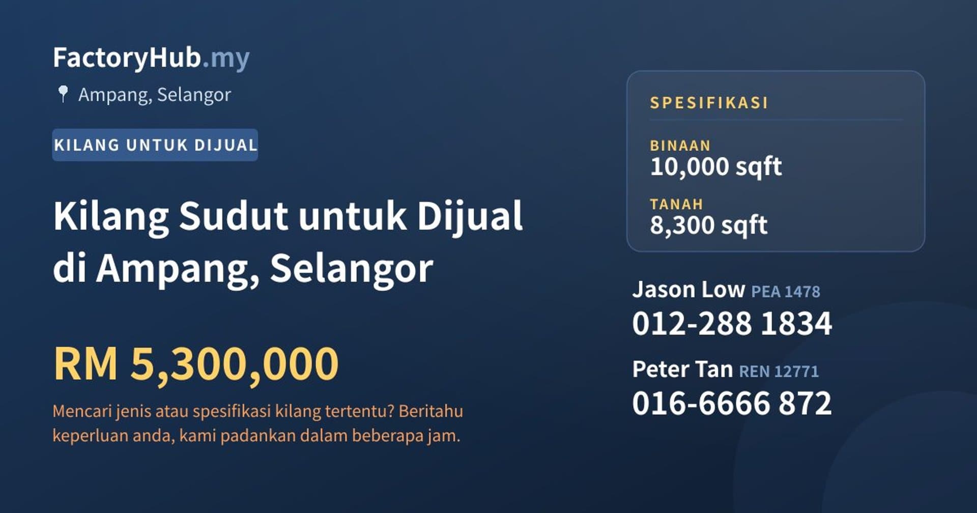 Kilang Sudut untuk Dijual di Ampang, Selangor · Imej hartanah 1/2