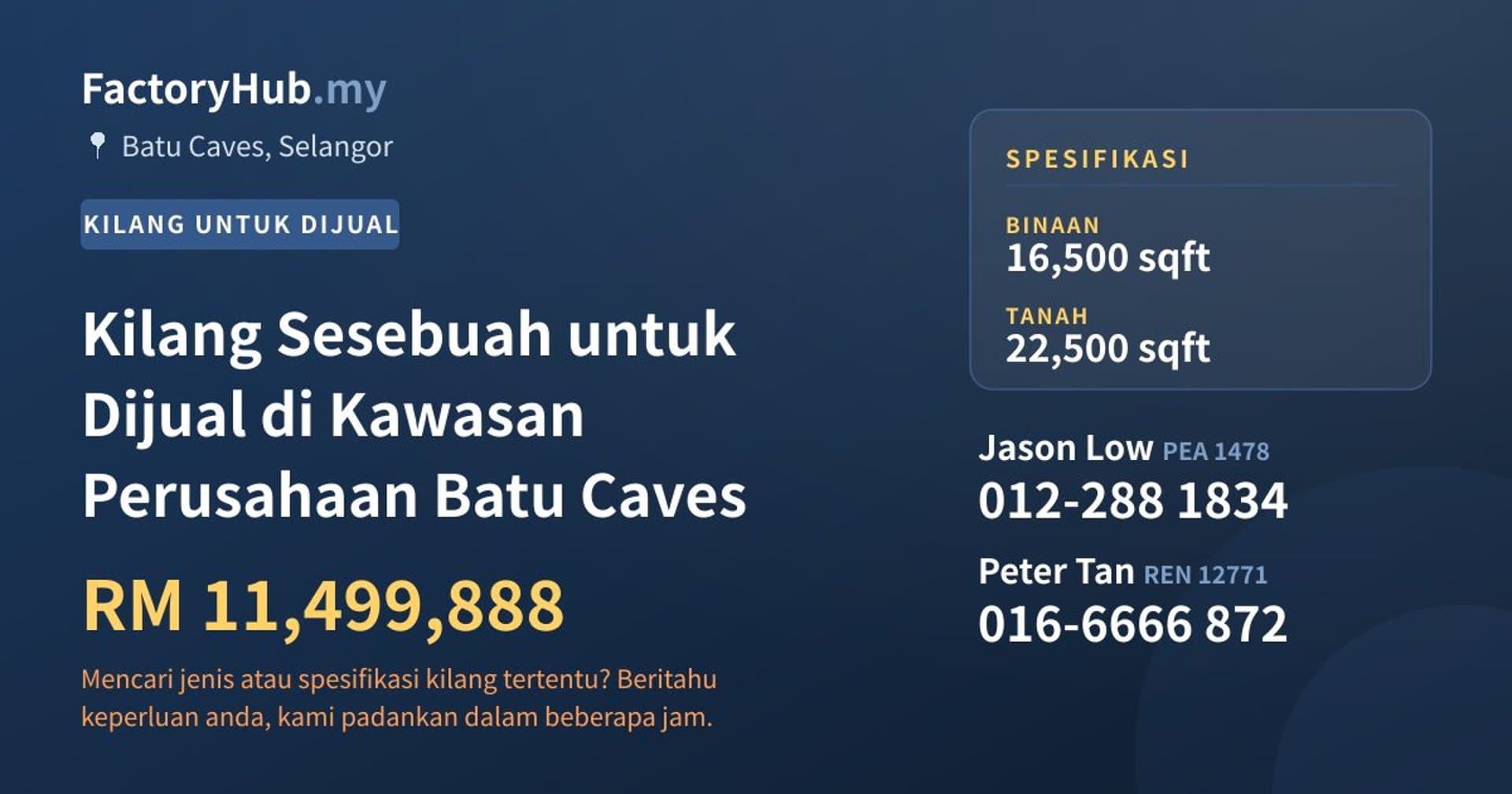 Kilang Sesebuah untuk Dijual di Kawasan Perusahaan Batu Caves · Imej hartanah 1/2
