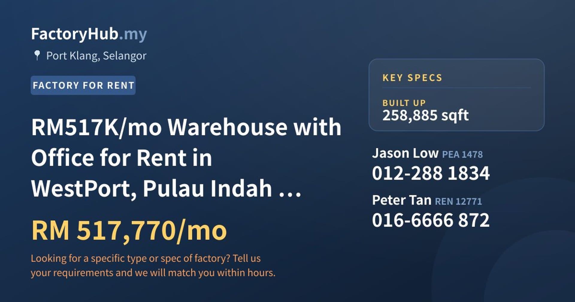RM517K/mo Warehouse with Office for Rent in WestPort, Pulau Indah – 258885sf - Property image 1 of 5
