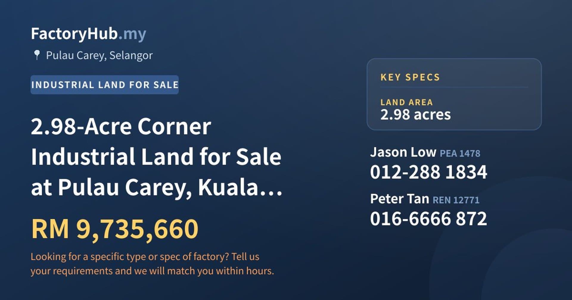 2.98-Acre Corner Industrial Land for Sale at Pulau Carey, Kuala Langat (Plot 19) - Property image 1 of 2