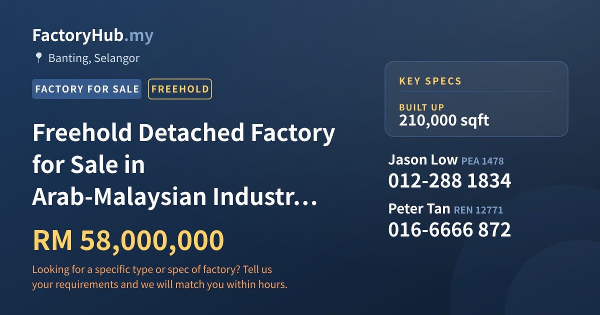 Freehold Detached Factory for Sale in Arab-Malaysian Industrial Park, Banting - Property image 1 of 2