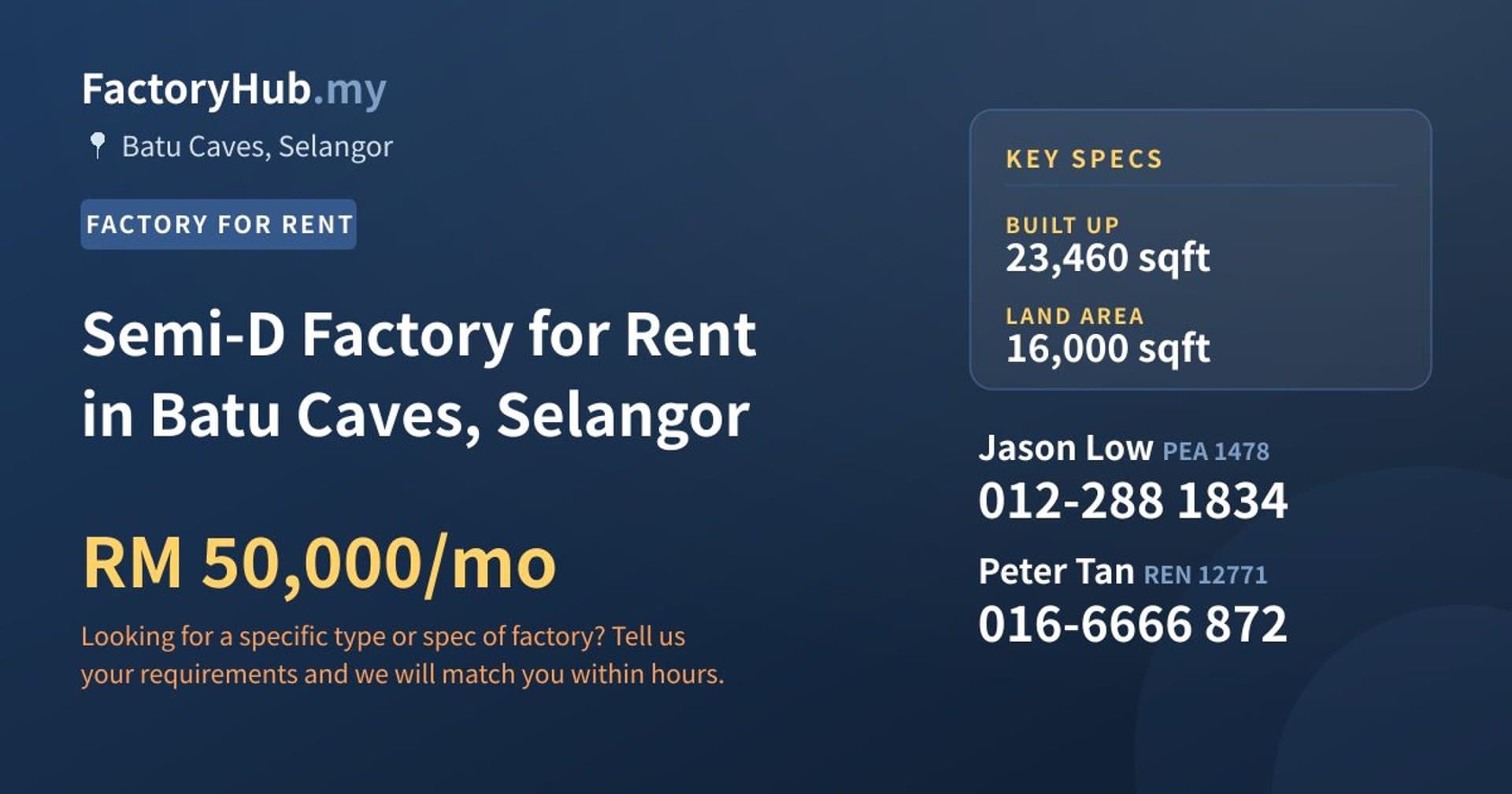 Semi-D Factory for Rent in Batu Caves, Selangor - Property image 1 of 2