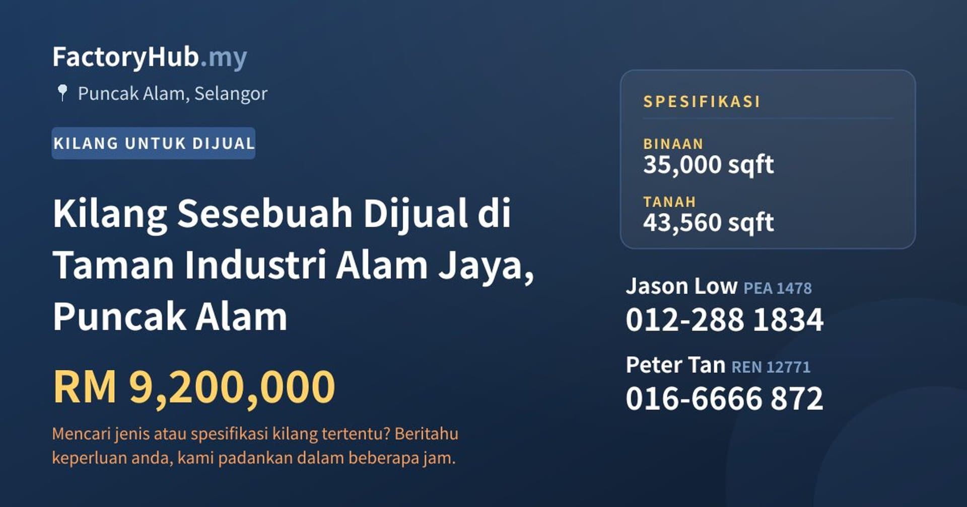 Kilang Sesebuah Dijual di Taman Industri Alam Jaya, Puncak Alam · Imej hartanah 1/2