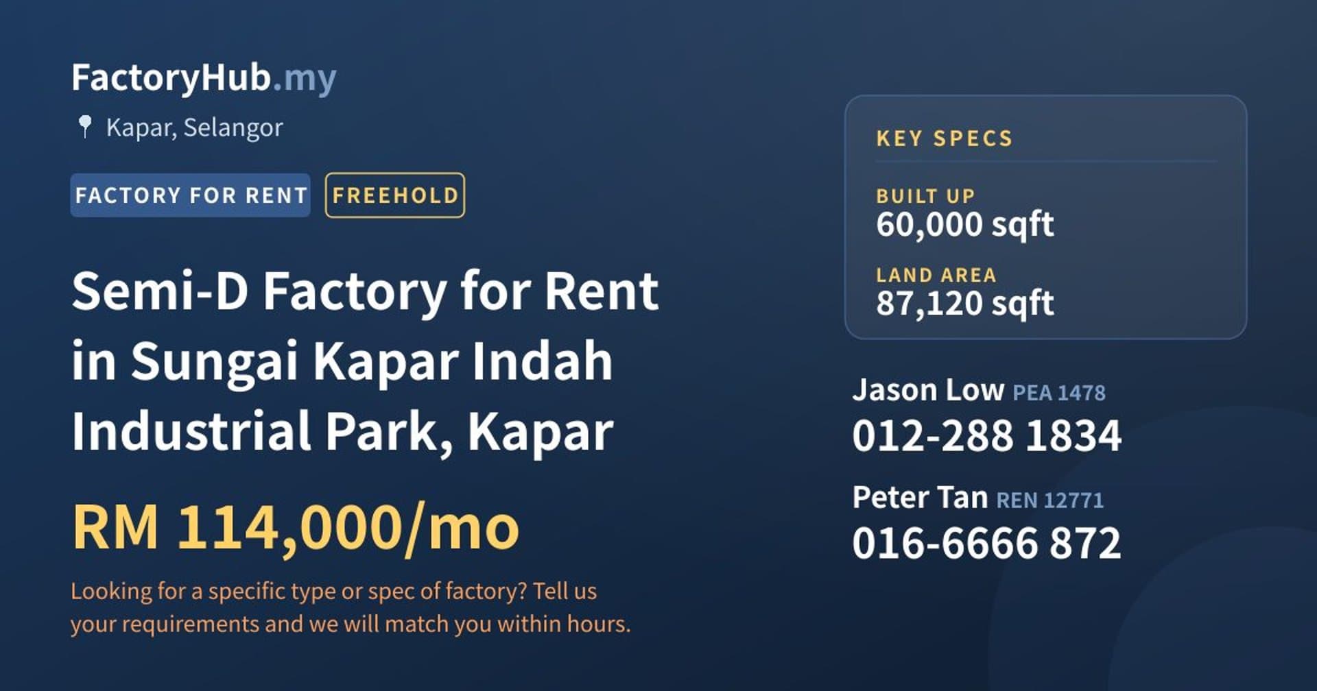 Semi-D Factory for Rent in Sungai Kapar Indah Industrial Park, Kapar - Property image 1 of 2