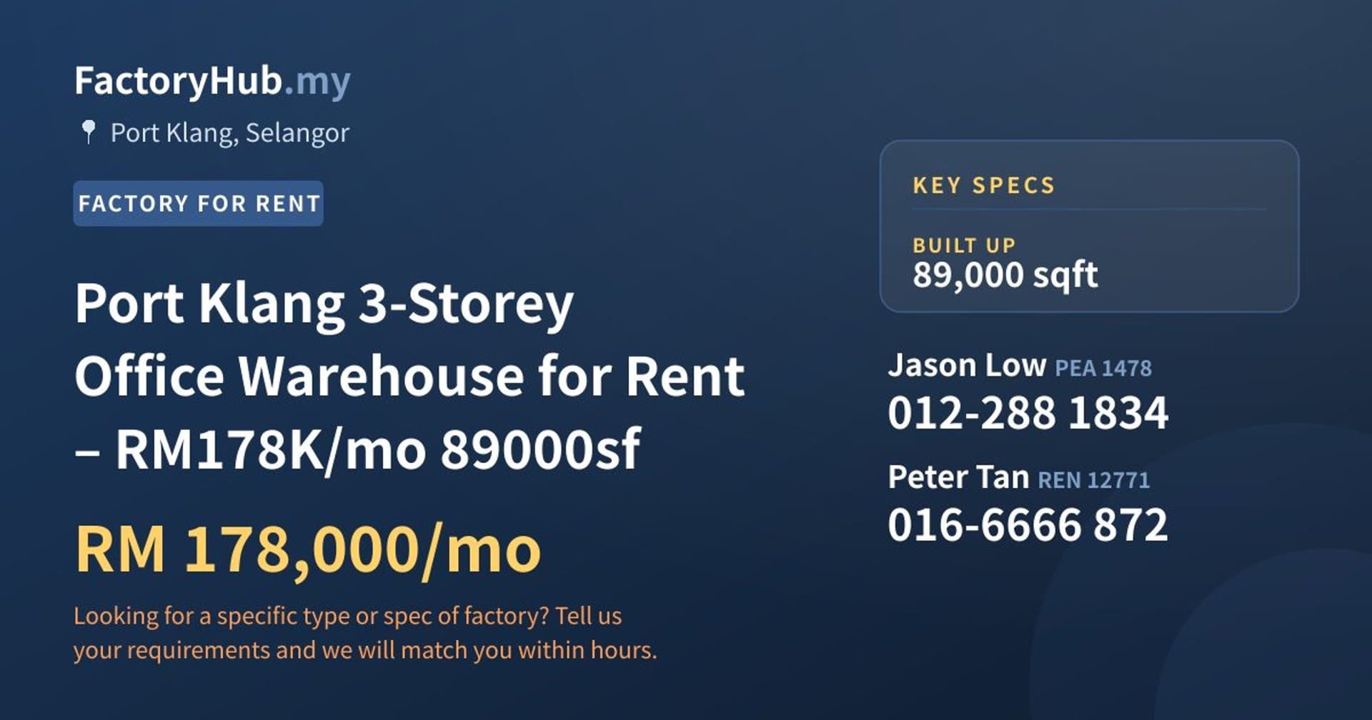 Port Klang 3-Storey Office Warehouse for Rent – RM178K/mo 89000sf - Property image 1 of 5