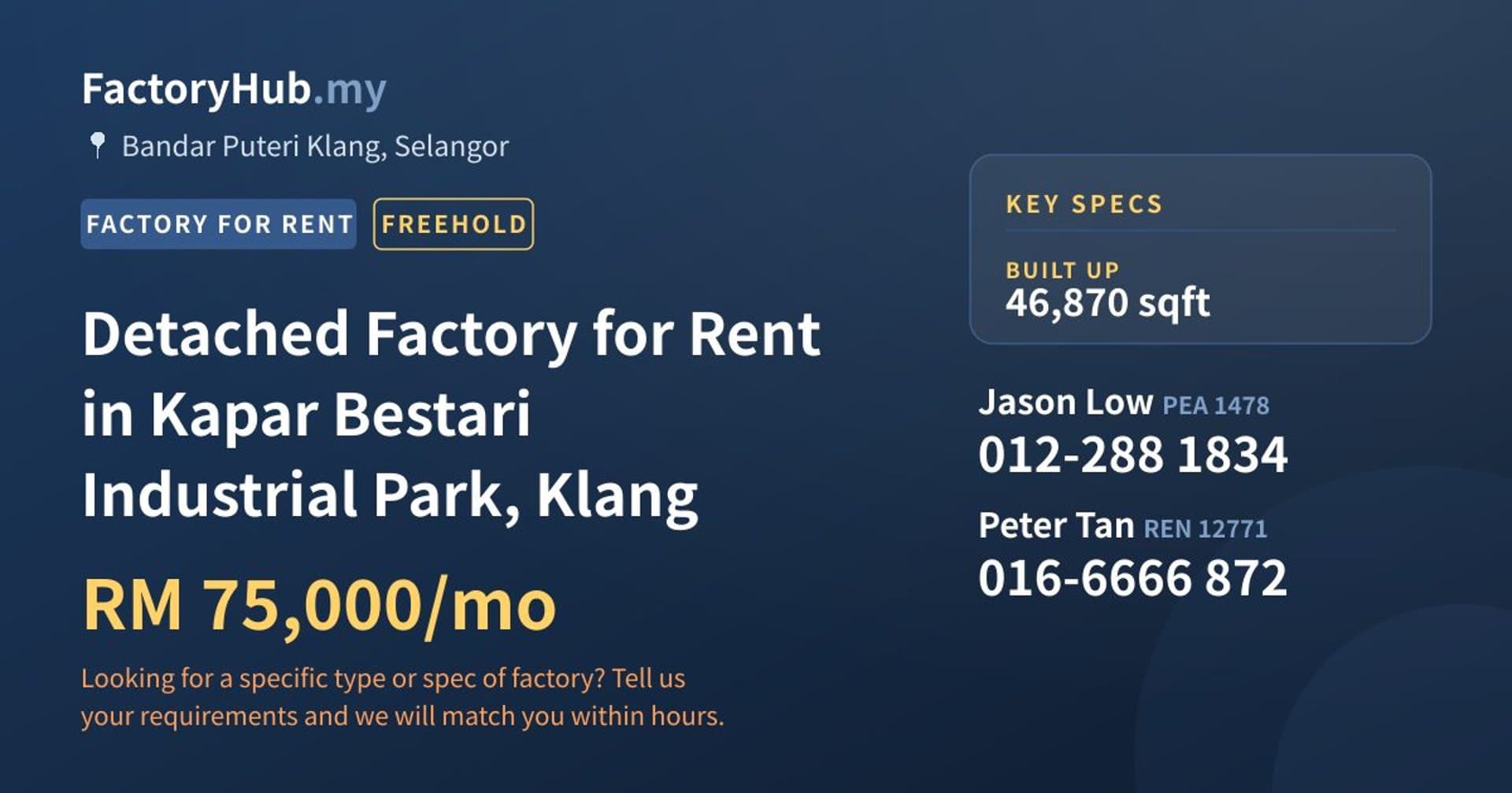 Detached Factory for Rent in Kapar Bestari Industrial Park, Klang - Property image 1 of 2