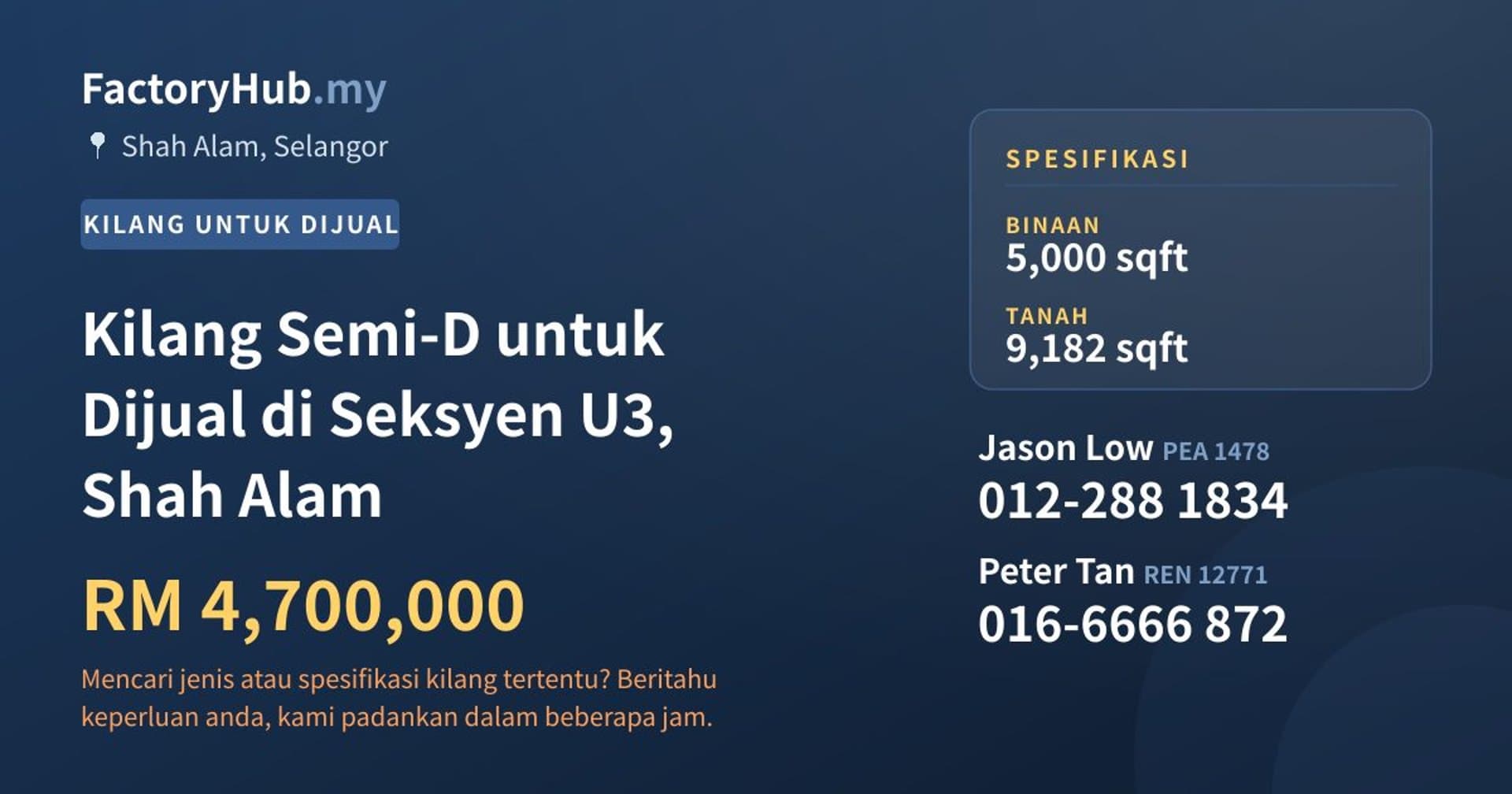 Kilang Semi-D untuk Dijual di Seksyen U3, Shah Alam · Imej hartanah 1/2