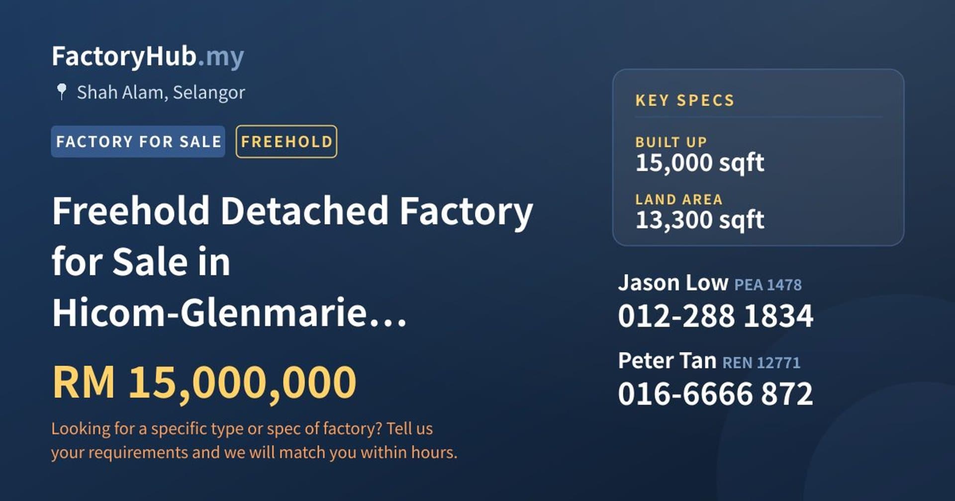 Freehold Detached Factory for Sale in Hicom-Glenmarie Industrial Park, Shah Alam - Property image 1 of 2