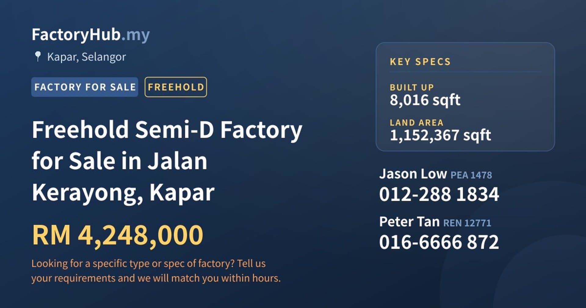 Freehold Semi-D Factory for Sale in Jalan Kerayong, Kapar - Property image 1 of 2