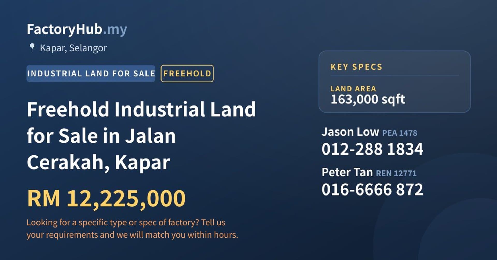Freehold Industrial Land for Sale in Jalan Cerakah, Kapar - Property image 1 of 2