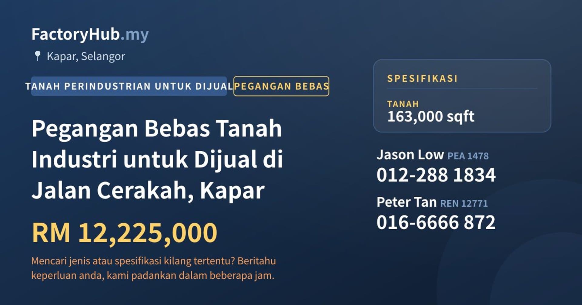 Pegangan Bebas Tanah Industri untuk Dijual di Jalan Cerakah, Kapar · Imej hartanah 1/2