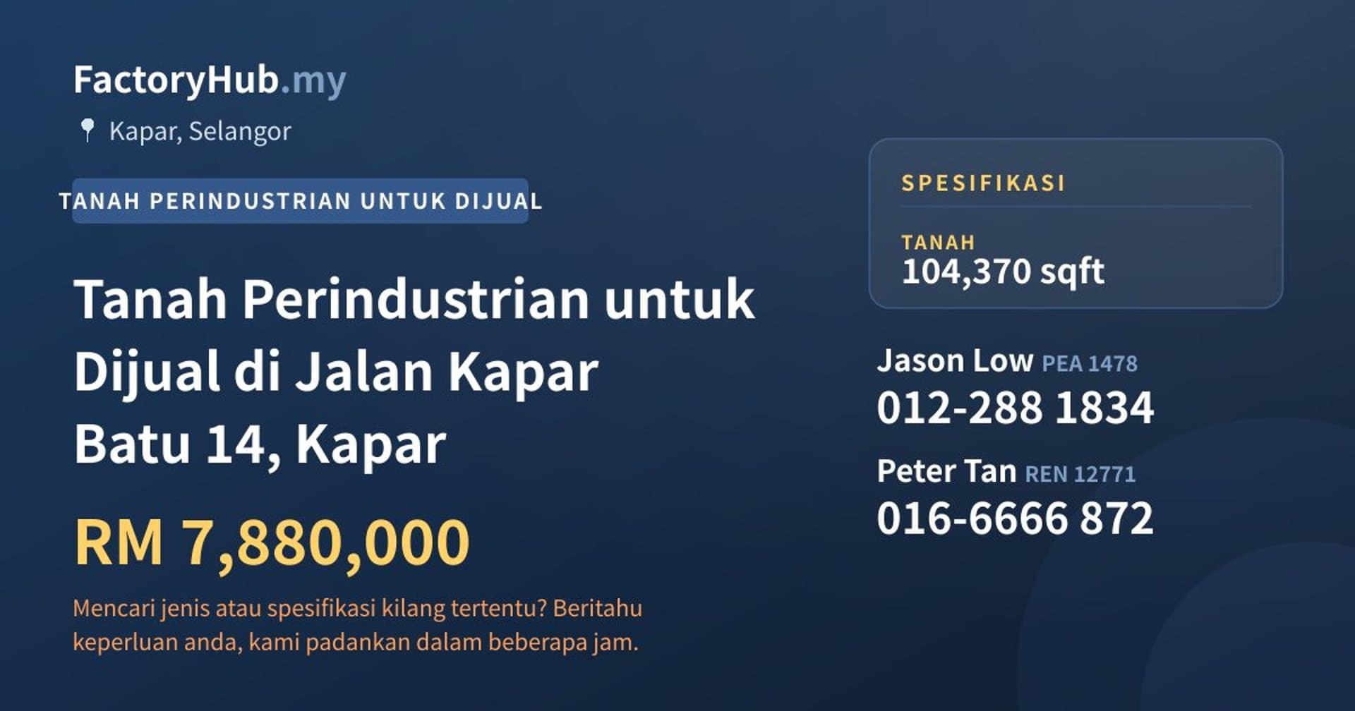 Tanah Perindustrian untuk Dijual di Jalan Kapar Batu 14, Kapar · Imej hartanah 1/2