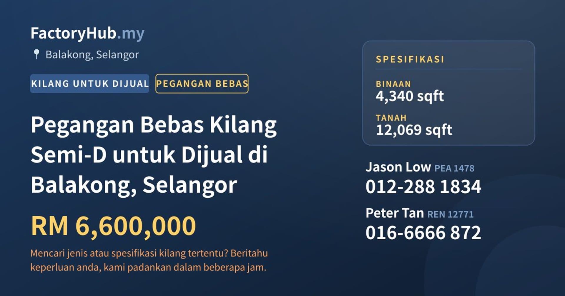Pegangan Bebas Kilang Semi-D untuk Dijual di Balakong, Selangor · Imej hartanah 1/2