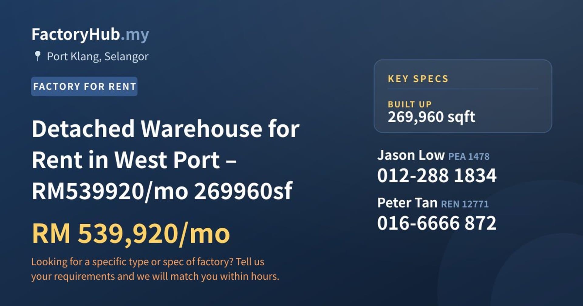 Detached Warehouse for Rent in West Port – RM539920/mo 269960sf - Property image 1 of 6
