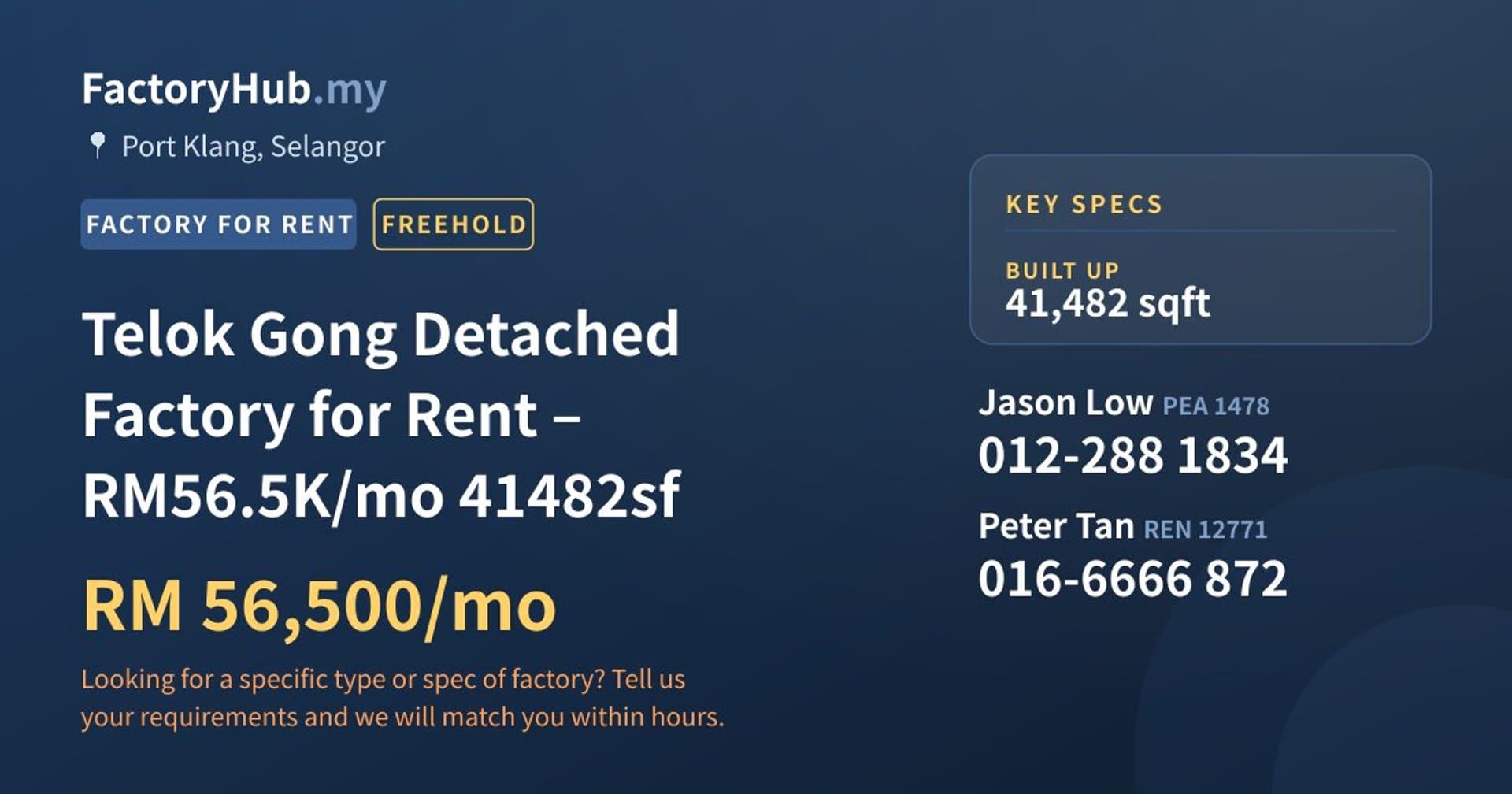 Telok Gong Detached Factory for Rent – RM56.5K/mo 41482sf - Property image 1 of 6