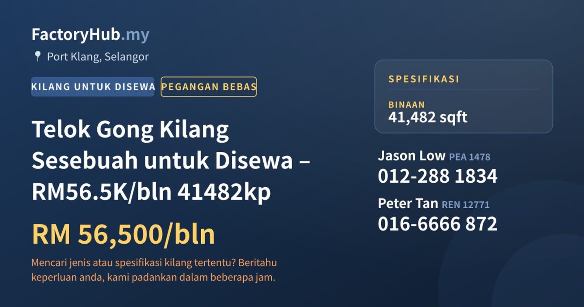 Telok Gong Kilang Sesebuah untuk Disewa – RM56.5K/bln 41482kp · Imej hartanah 1/6