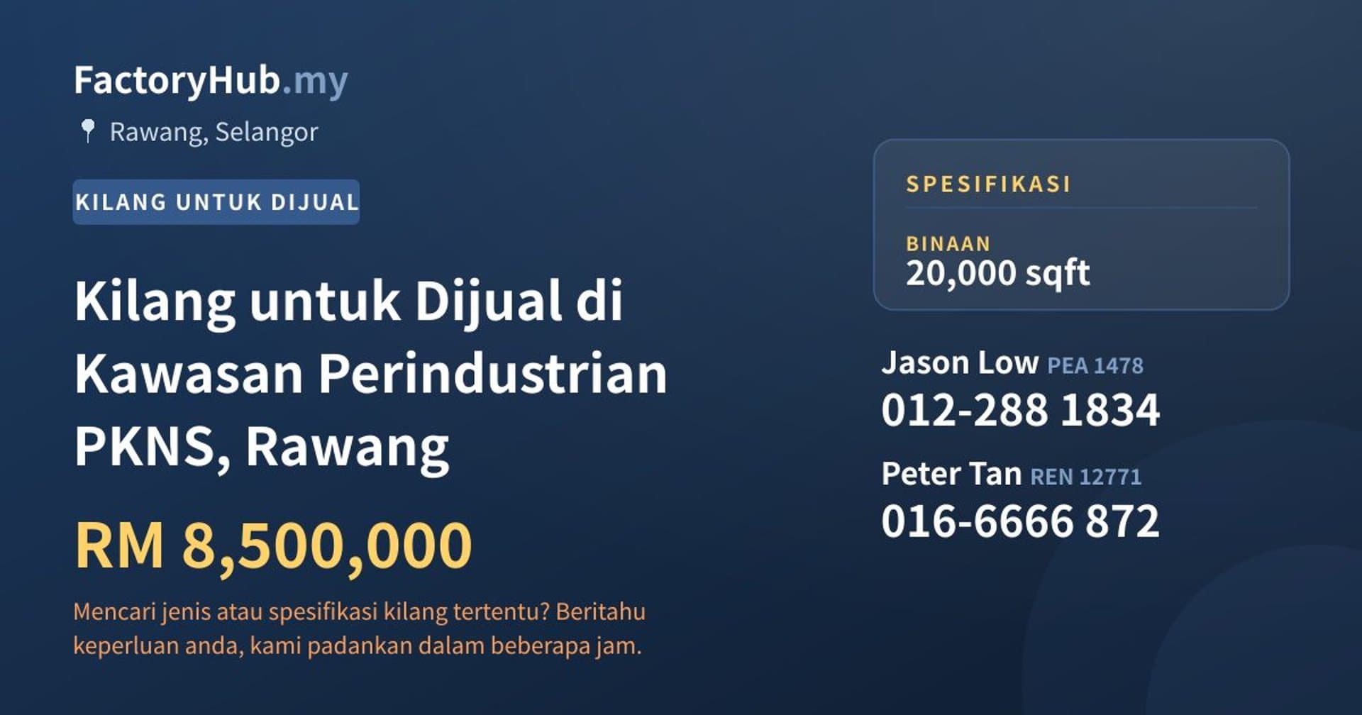Kilang untuk Dijual di Kawasan Perindustrian PKNS, Rawang · Imej hartanah 1/2