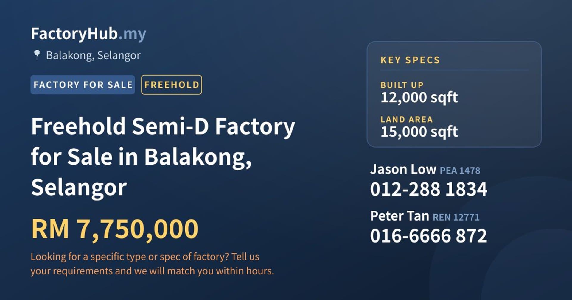 Freehold Semi-D Factory for Sale in Balakong, Selangor - Property image 1 of 2