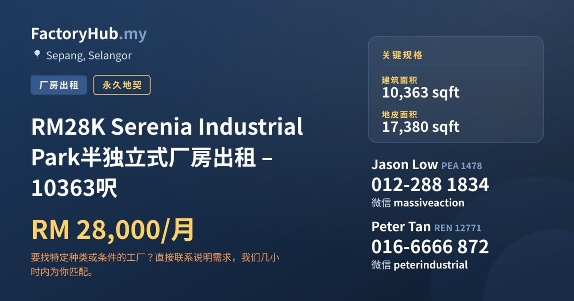 RM28K Serenia Industrial Park半独立式厂房出租 – 10363呎 · 房源图片 1/7