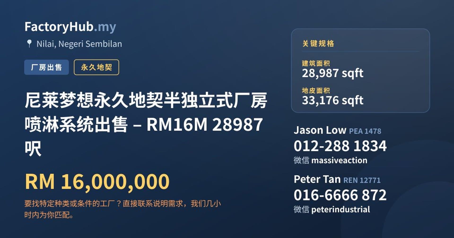 尼莱梦想永久地契半独立式厂房喷淋系统出售 – RM16M 28987呎 · 房源图片 1/7