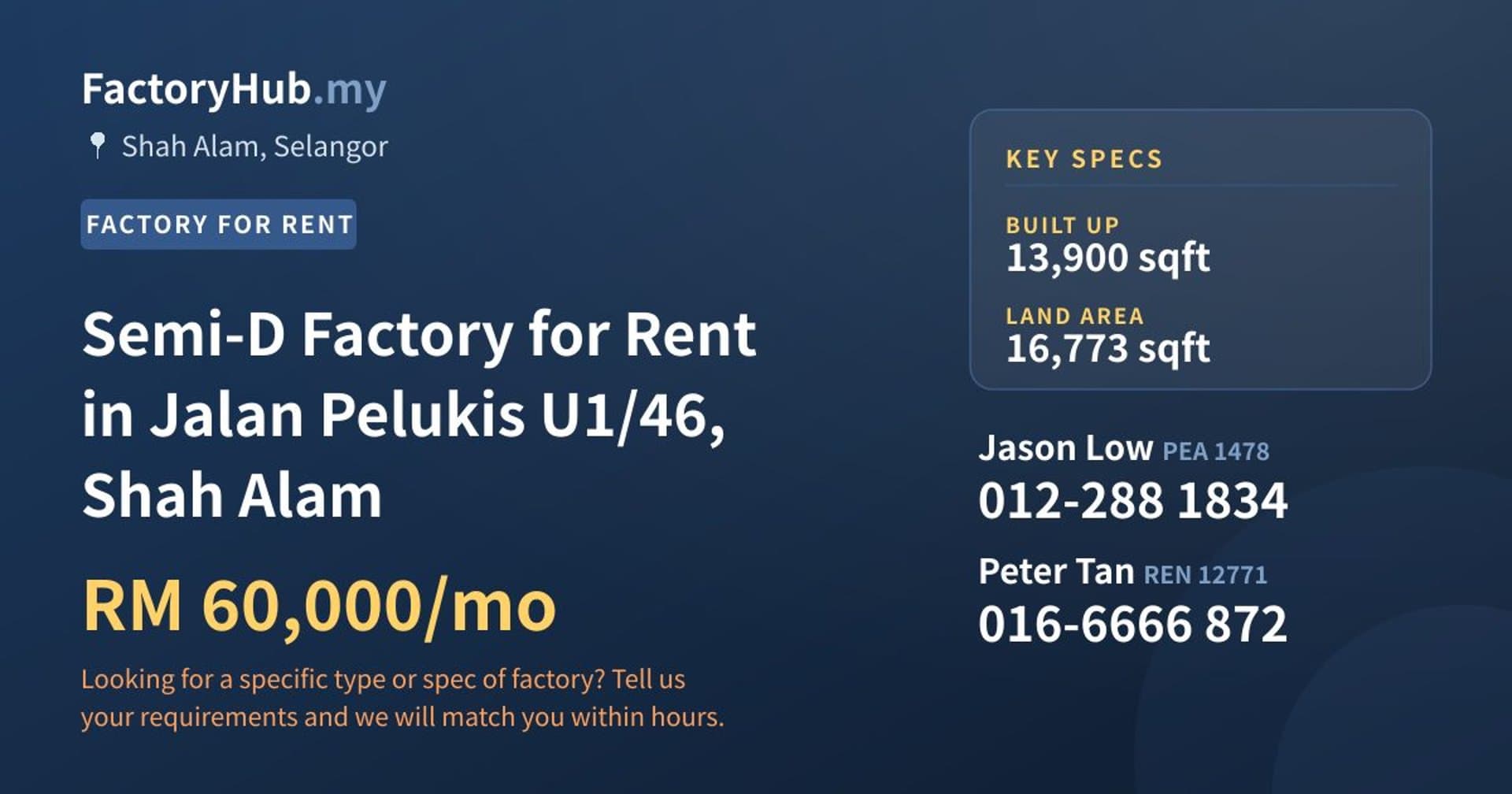 Semi-D Factory for Rent in Jalan Pelukis U1/46, Shah Alam - Property image 1 of 2