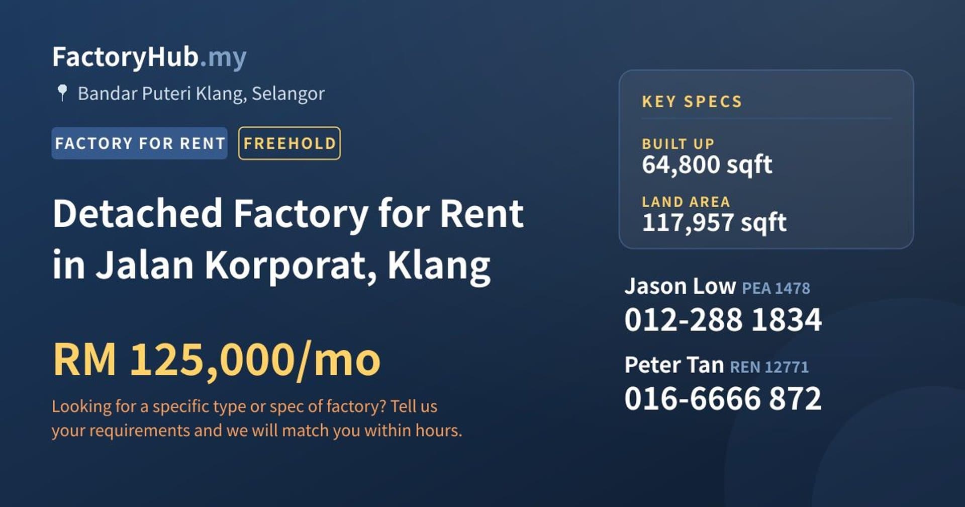 Detached Factory for Rent in Jalan Korporat, Klang - Property image 1 of 2