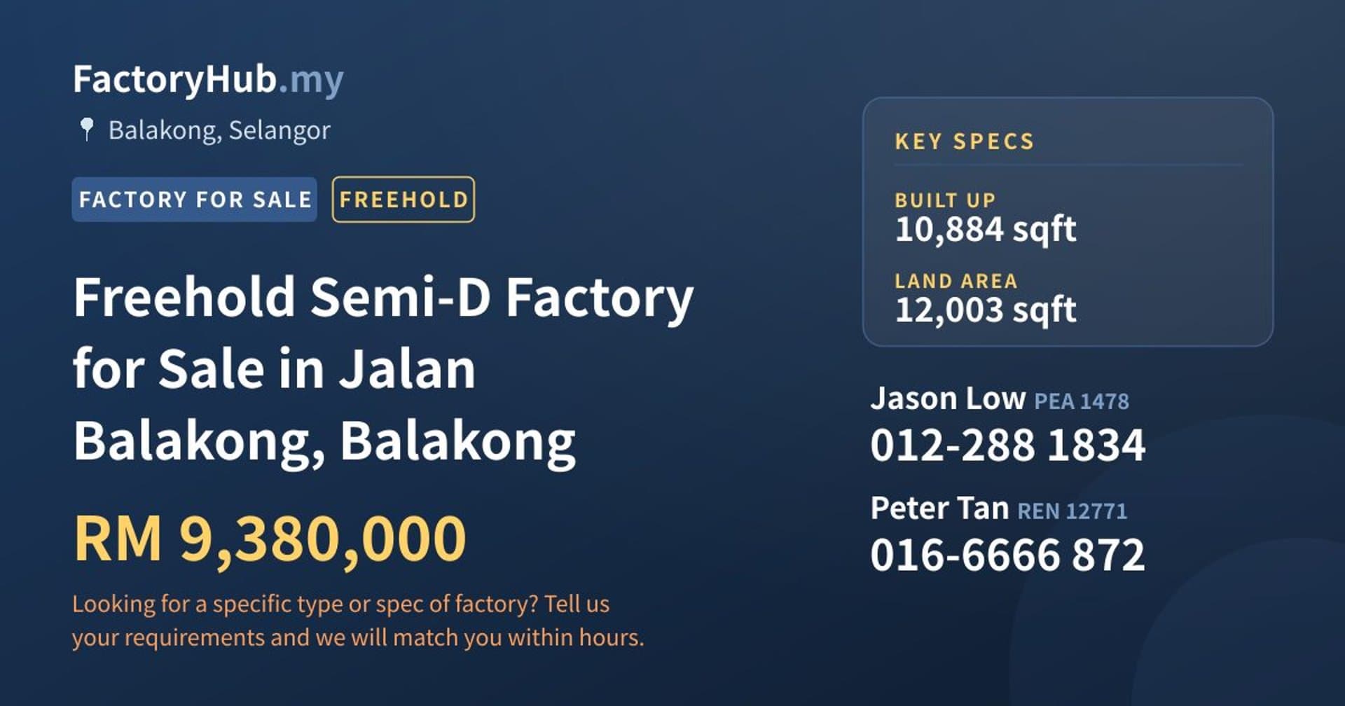 Freehold Semi-D Factory for Sale in Jalan Balakong, Balakong - Property image 1 of 2