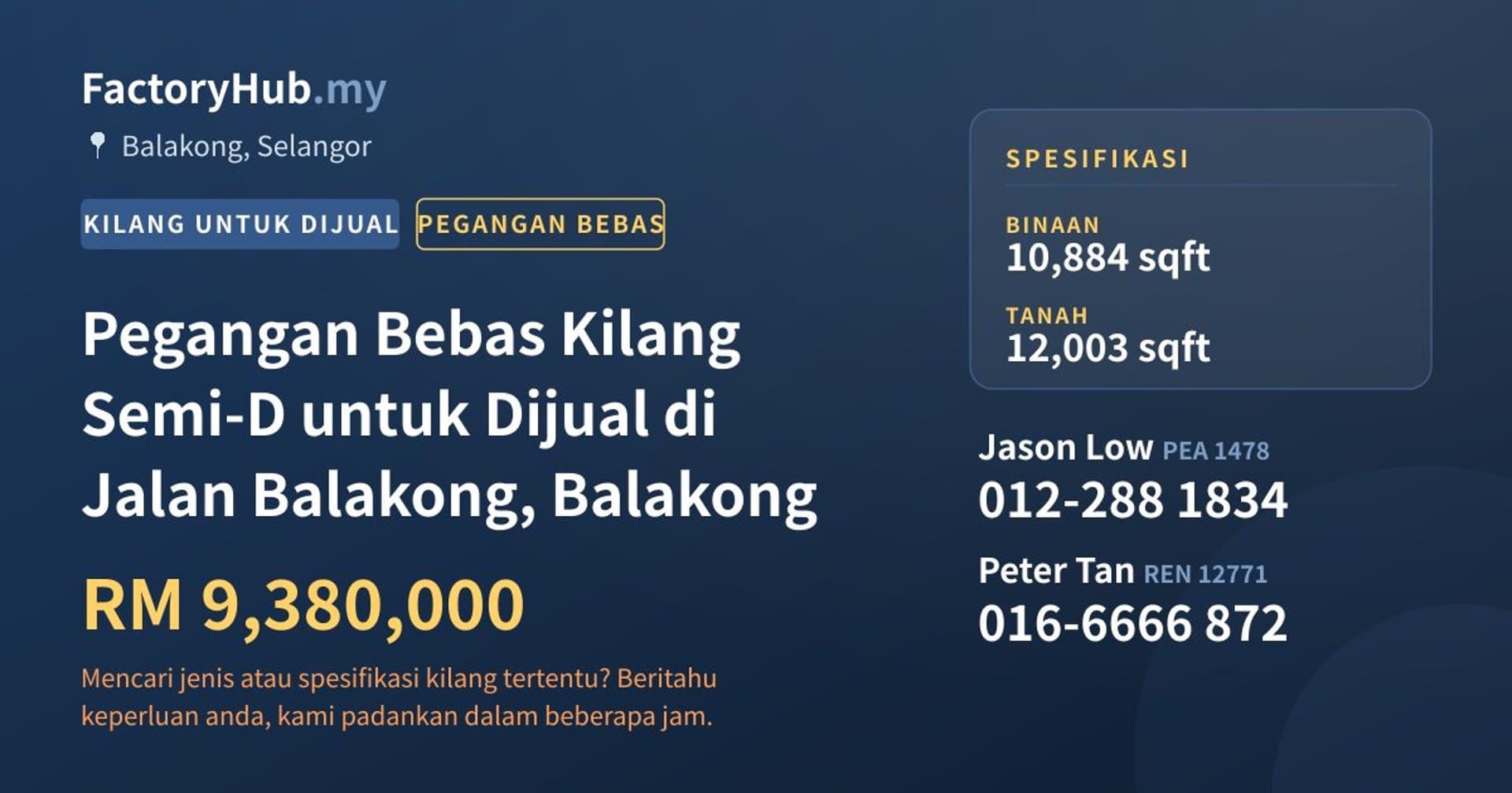Pegangan Bebas Kilang Semi-D untuk Dijual di Jalan Balakong, Balakong · Imej hartanah 1/2