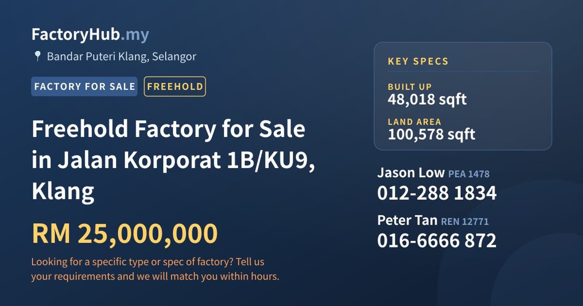 Freehold Factory for Sale in Jalan Korporat 1B/KU9, Klang - Property image 1 of 2