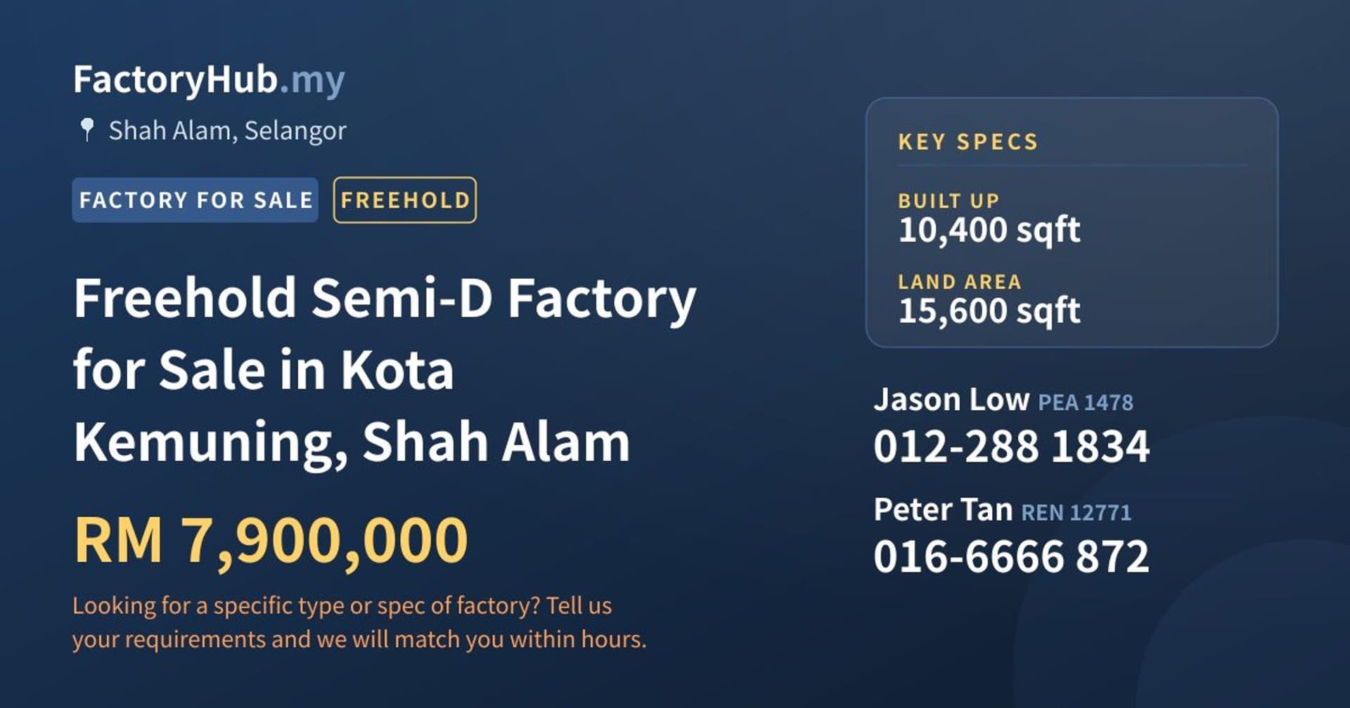 Freehold Semi-D Factory for Sale in Kota Kemuning, Shah Alam - Property image 1 of 2