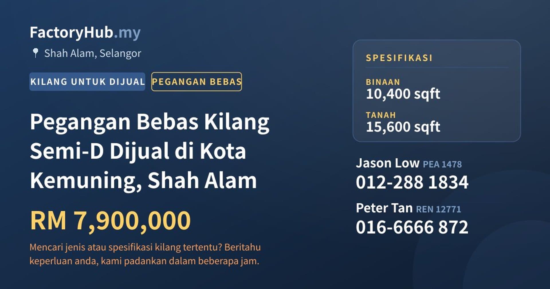 Pegangan Bebas Kilang Semi-D Dijual di Kota Kemuning, Shah Alam · Imej hartanah 1/2