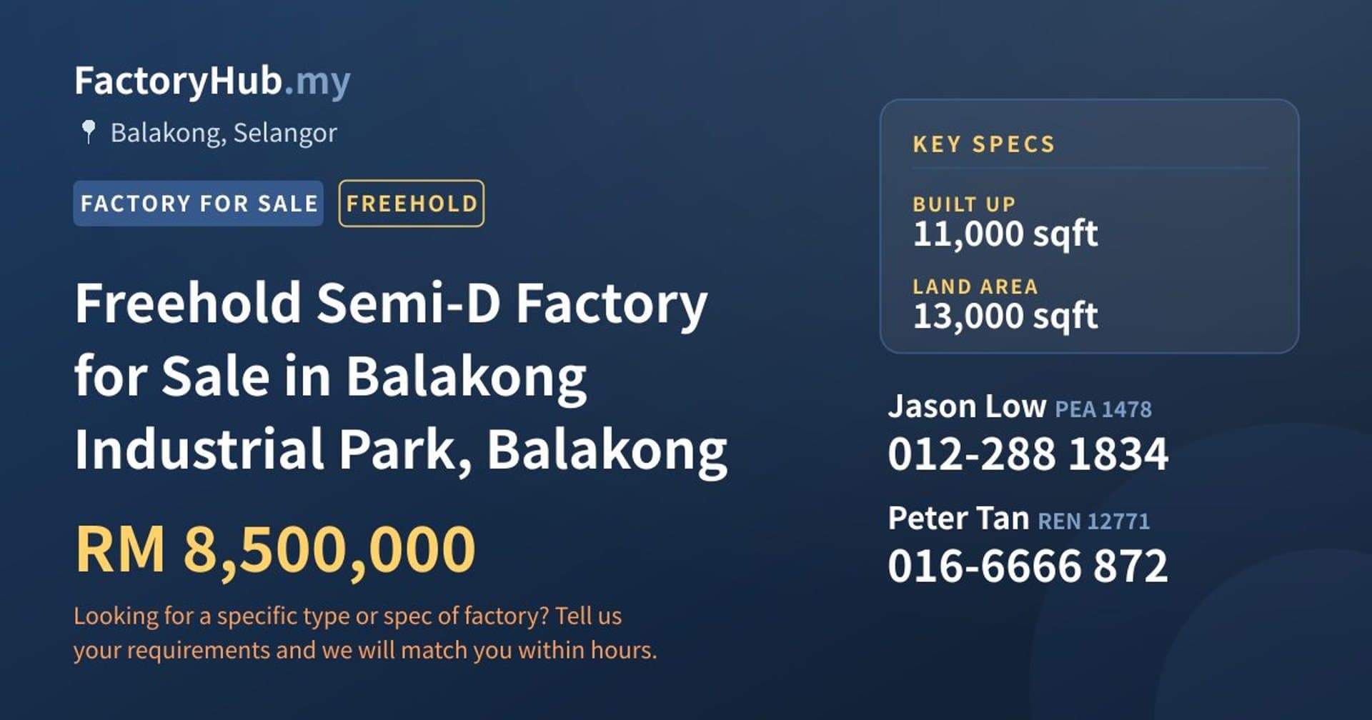Freehold Semi-D Factory for Sale in Balakong Industrial Park, Balakong - Property image 1 of 2