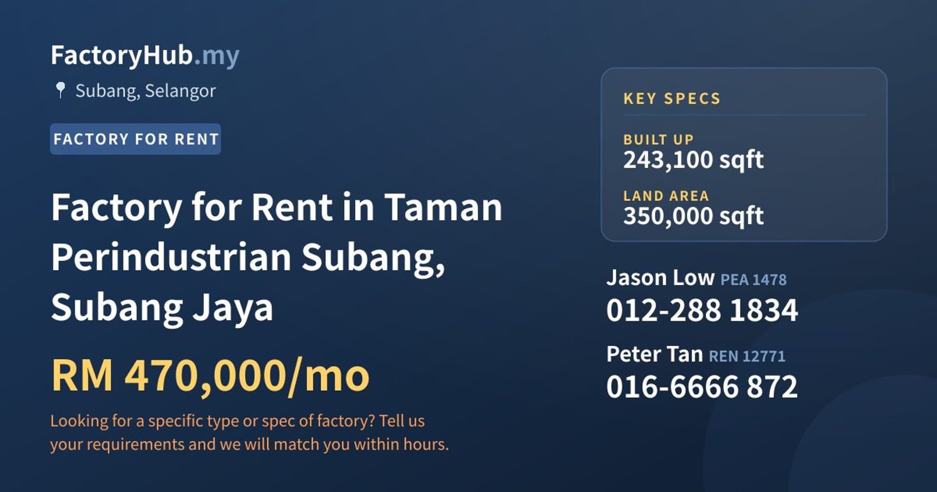 Factory for Rent in Taman Perindustrian Subang, Subang Jaya - Property image 1 of 2