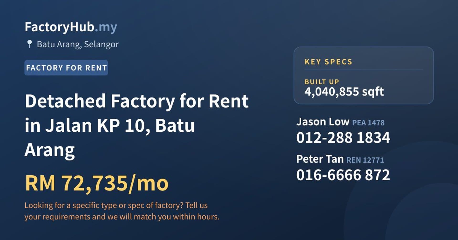 Detached Factory for Rent in Jalan KP 10, Batu Arang - Property image 1 of 2