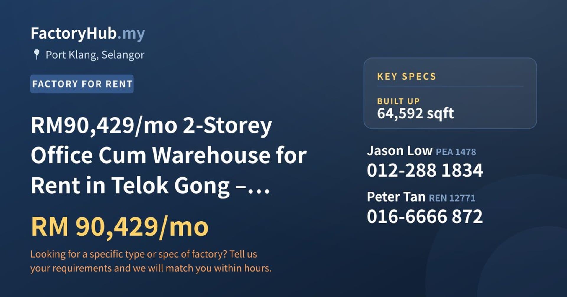 RM90,429/mo 2-Storey Office Cum Warehouse for Rent in Telok Gong – 64592sf - Property image 1 of 6