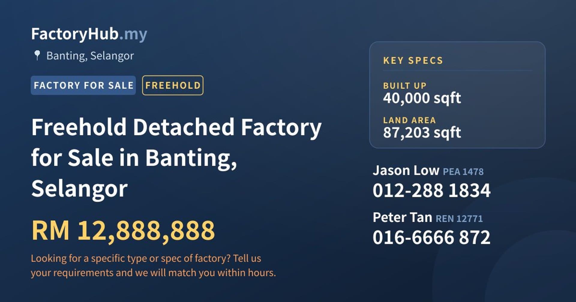 Freehold Detached Factory for Sale in Banting, Selangor - Property image 1 of 2