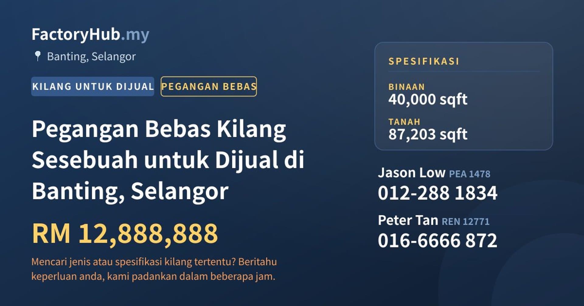 Pegangan Bebas Kilang Sesebuah untuk Dijual di Banting, Selangor · Imej hartanah 1/2