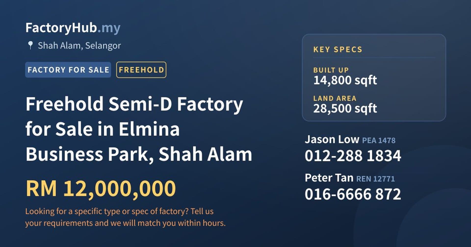Freehold Semi-D Factory for Sale in Elmina Business Park, Shah Alam - Property image 1 of 2