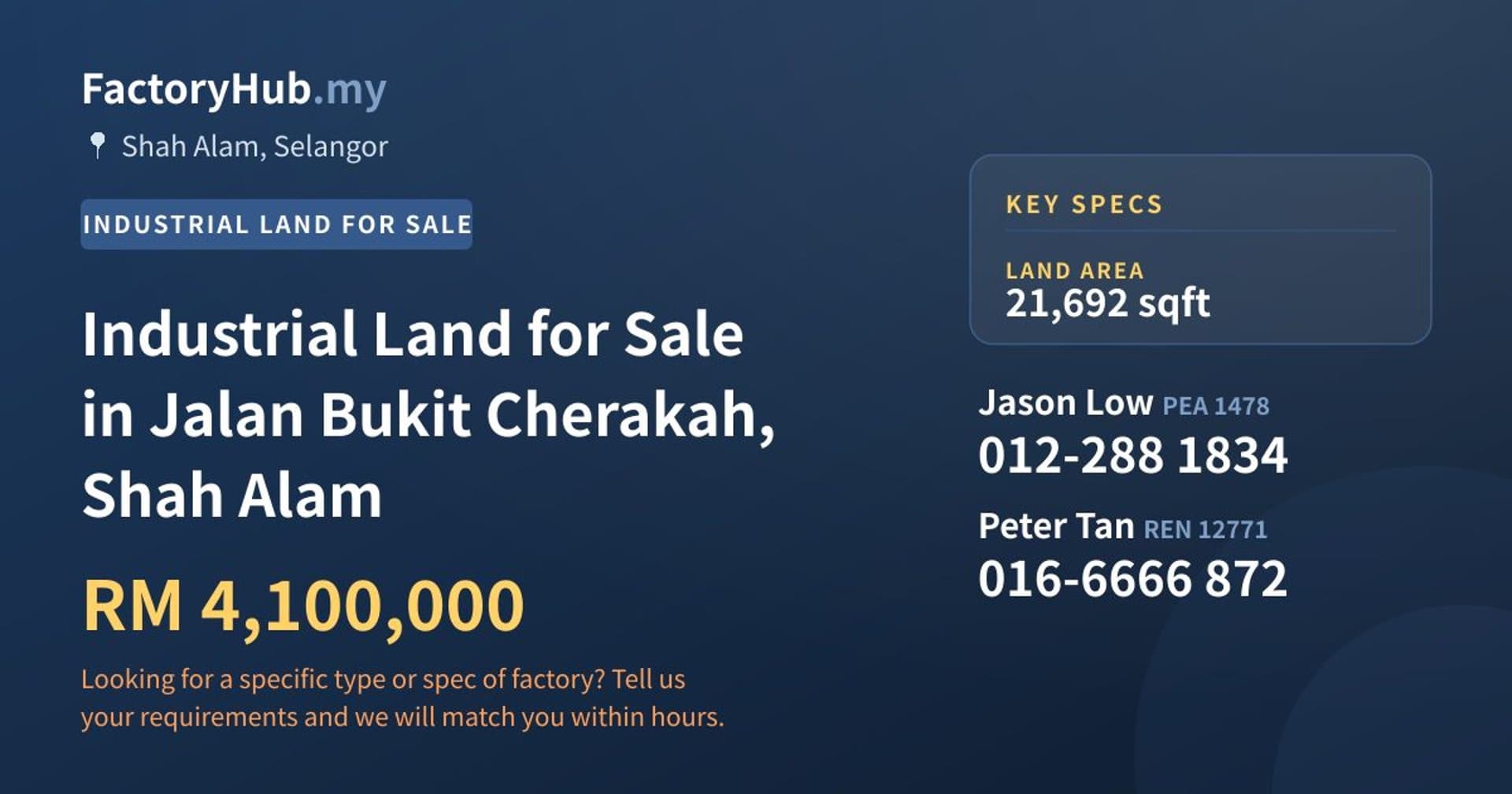 Industrial Land for Sale in Jalan Bukit Cherakah, Shah Alam - Property image 1 of 2