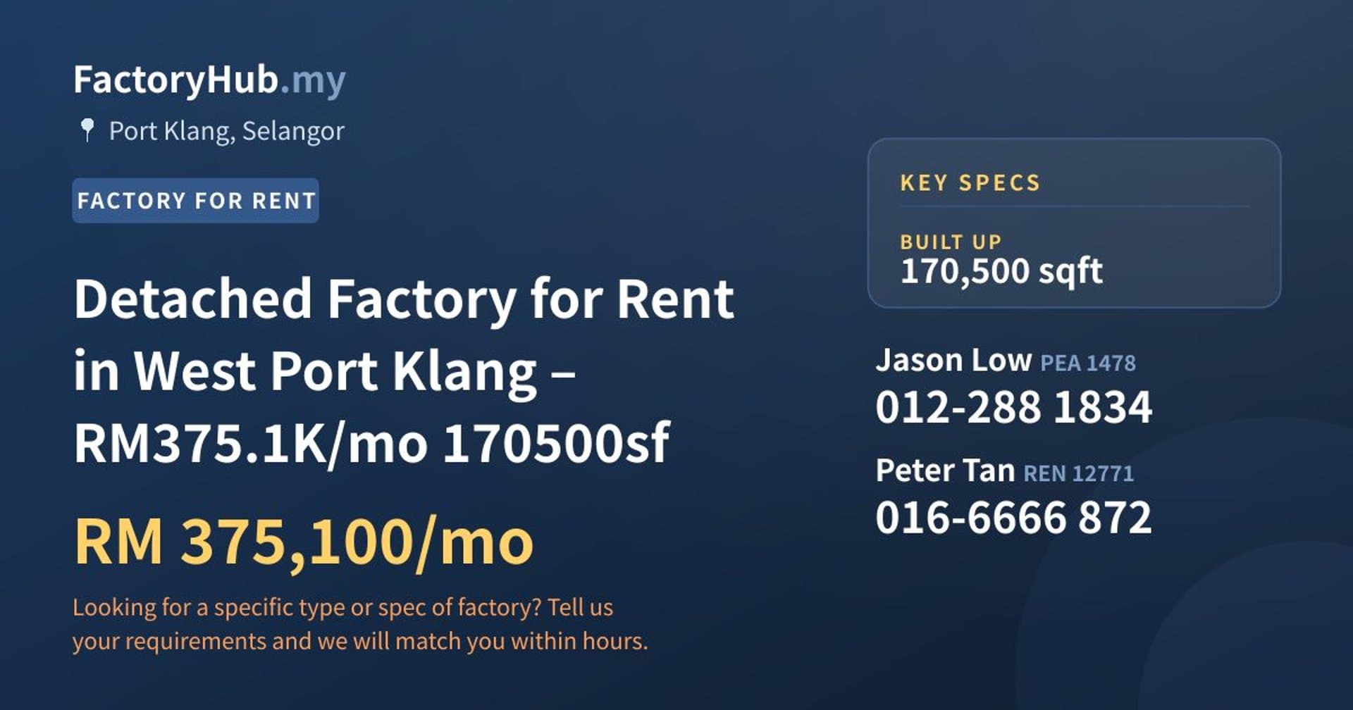 Detached Factory for Rent in West Port Klang – RM375.1K/mo 170500sf - Property image 1 of 6