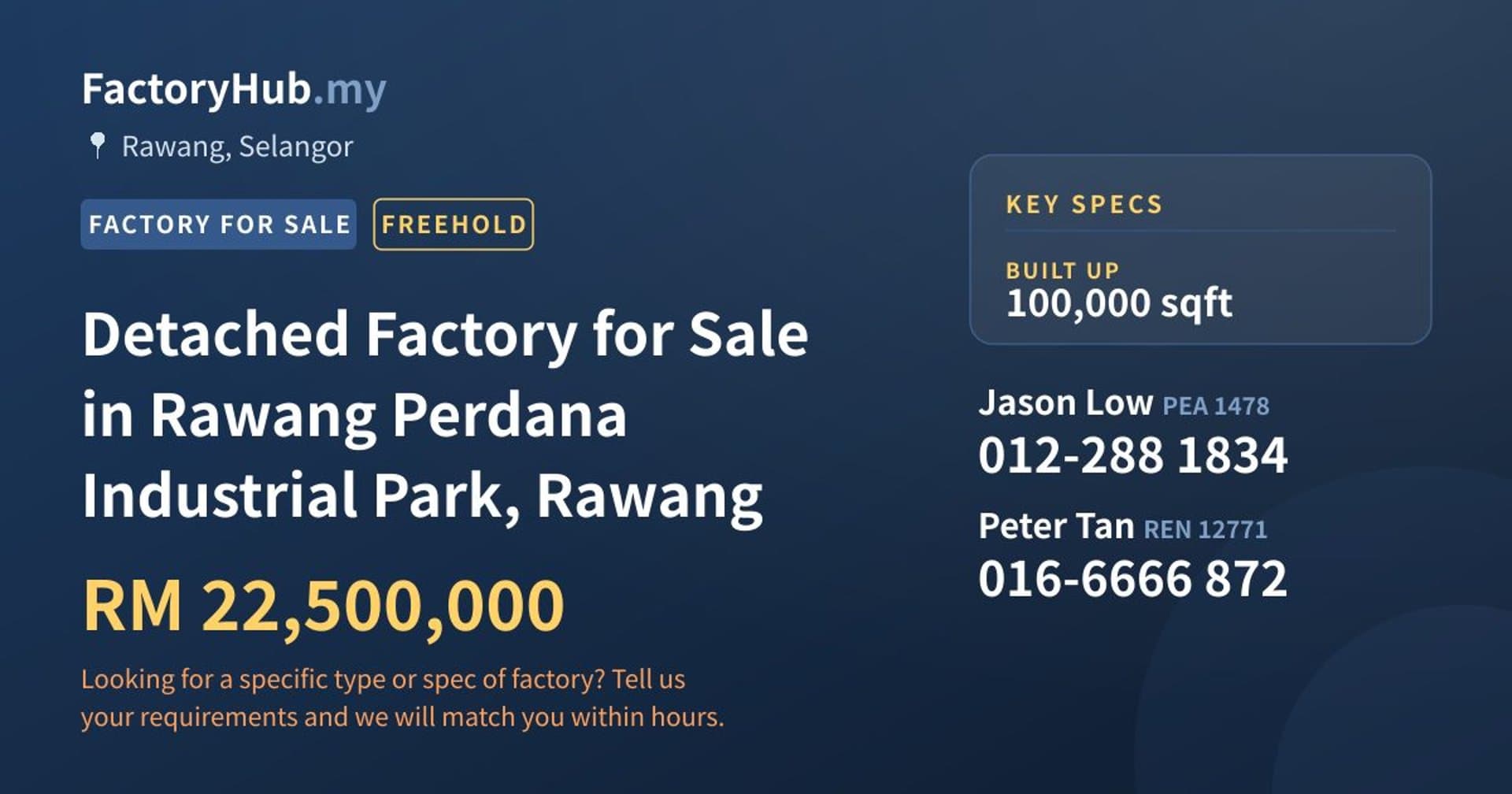 Detached Factory for Sale in Rawang Perdana Industrial Park, Rawang - Property image 1 of 2