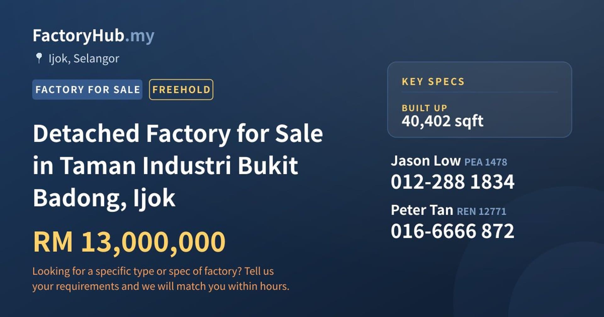 Detached Factory for Sale in Taman Industri Bukit Badong, Ijok - Property image 1 of 2