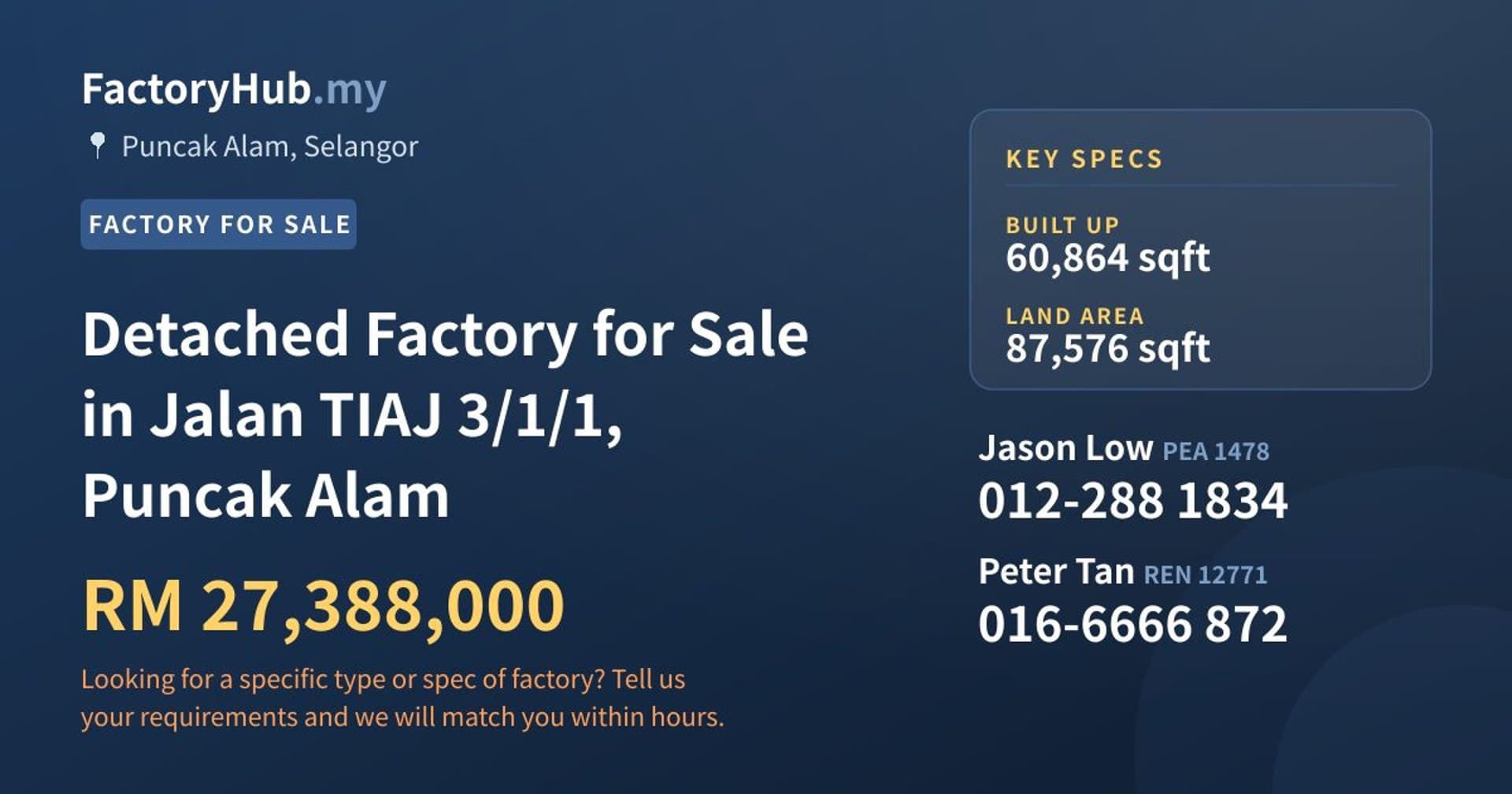 Detached Factory for Sale in Jalan TIAJ 3/1/1, Puncak Alam - Property image 1 of 2