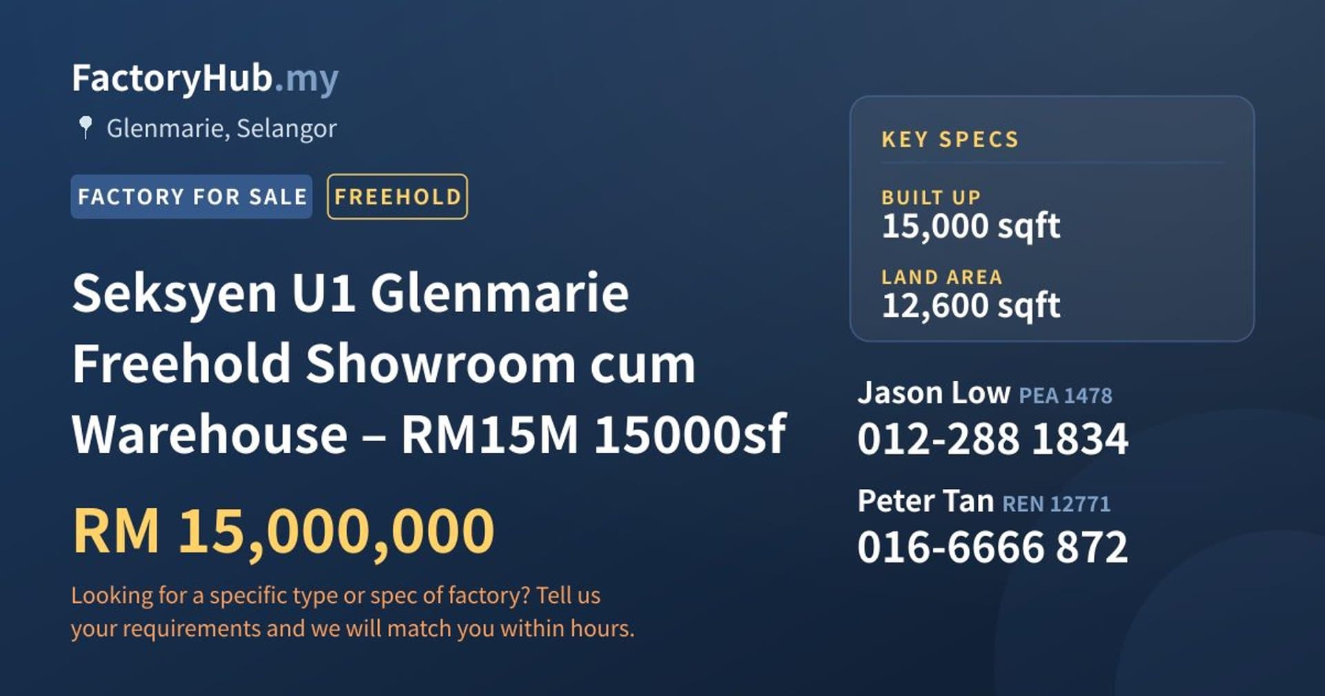 Seksyen U1 Glenmarie Freehold Showroom cum Warehouse – RM15M 15000sf - Property image 1 of 9