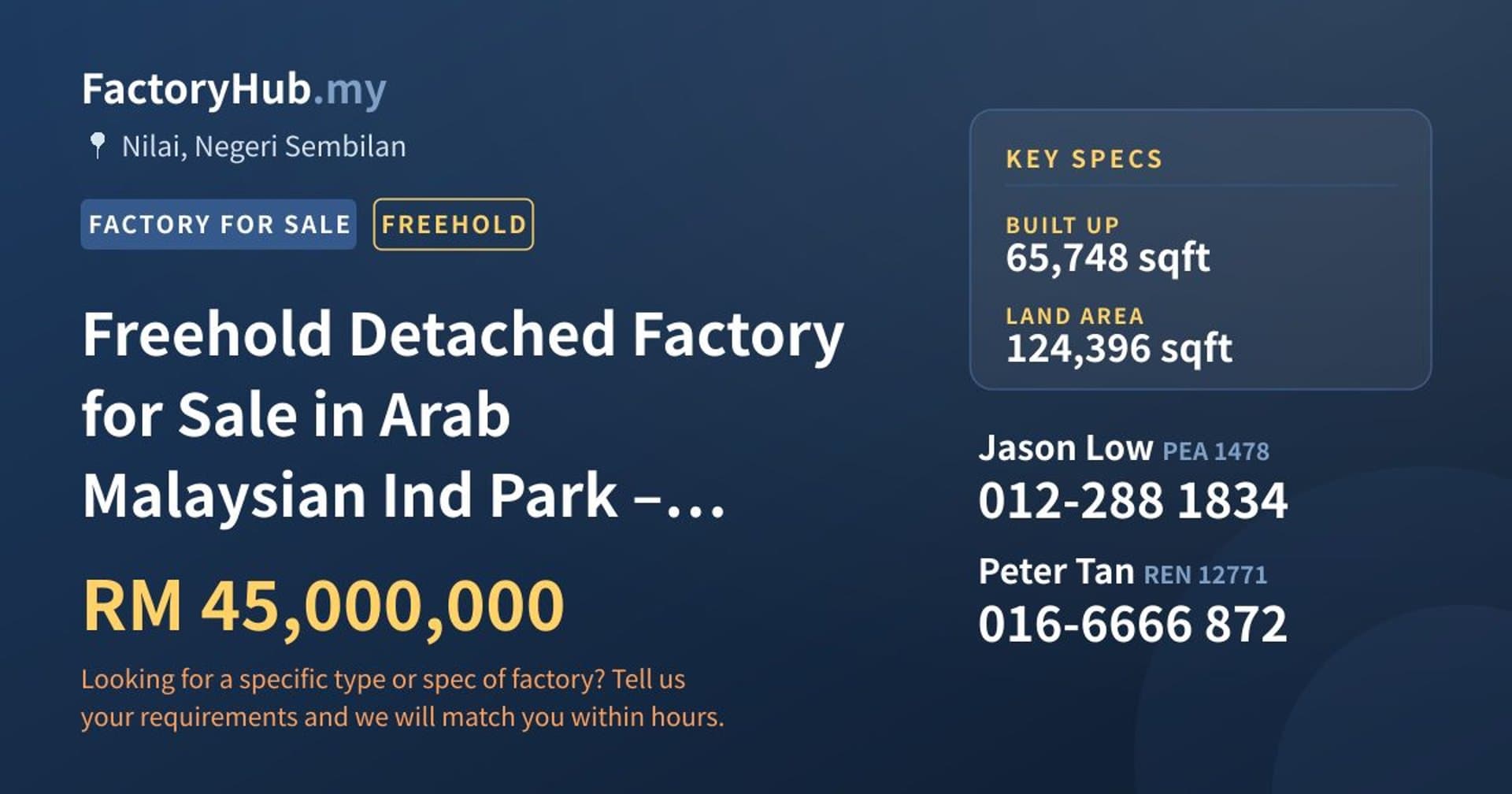 Freehold Detached Factory for Sale in Arab Malaysian Ind Park – RM45M - Property image 1 of 9