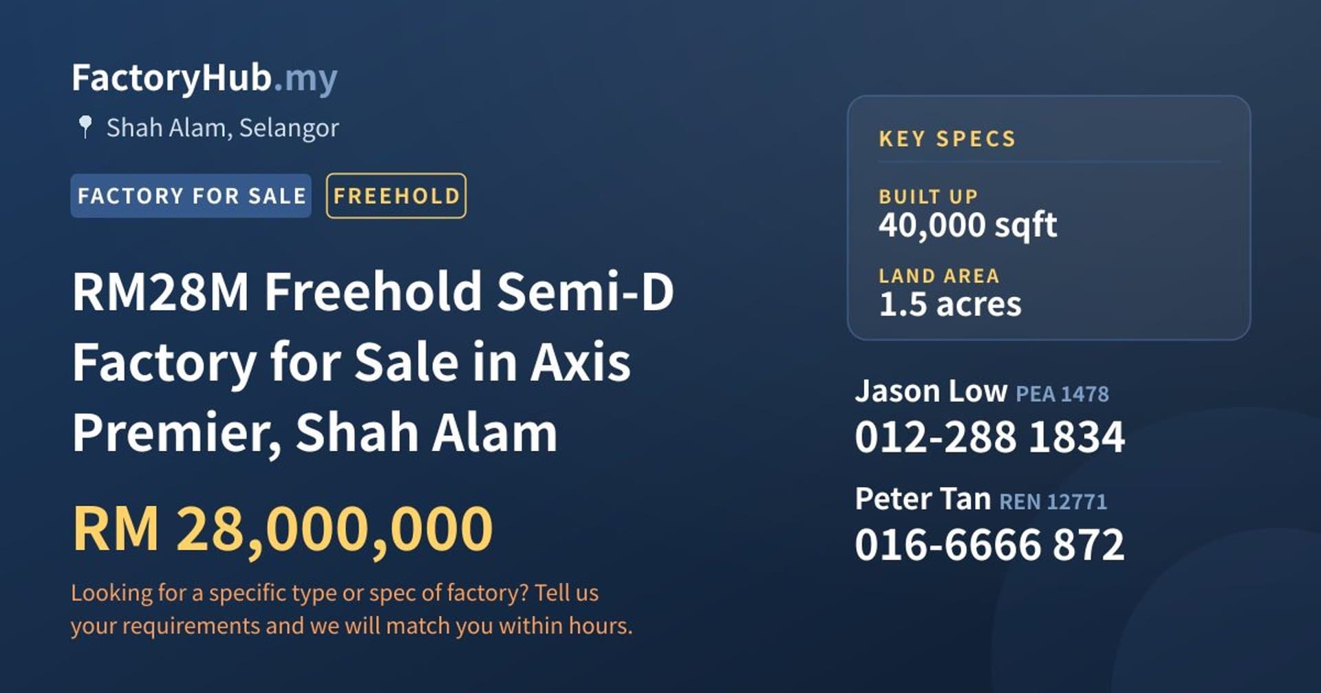 RM28M Freehold Semi-D Factory for Sale in Axis Premier, Shah Alam - Property image 1 of 9