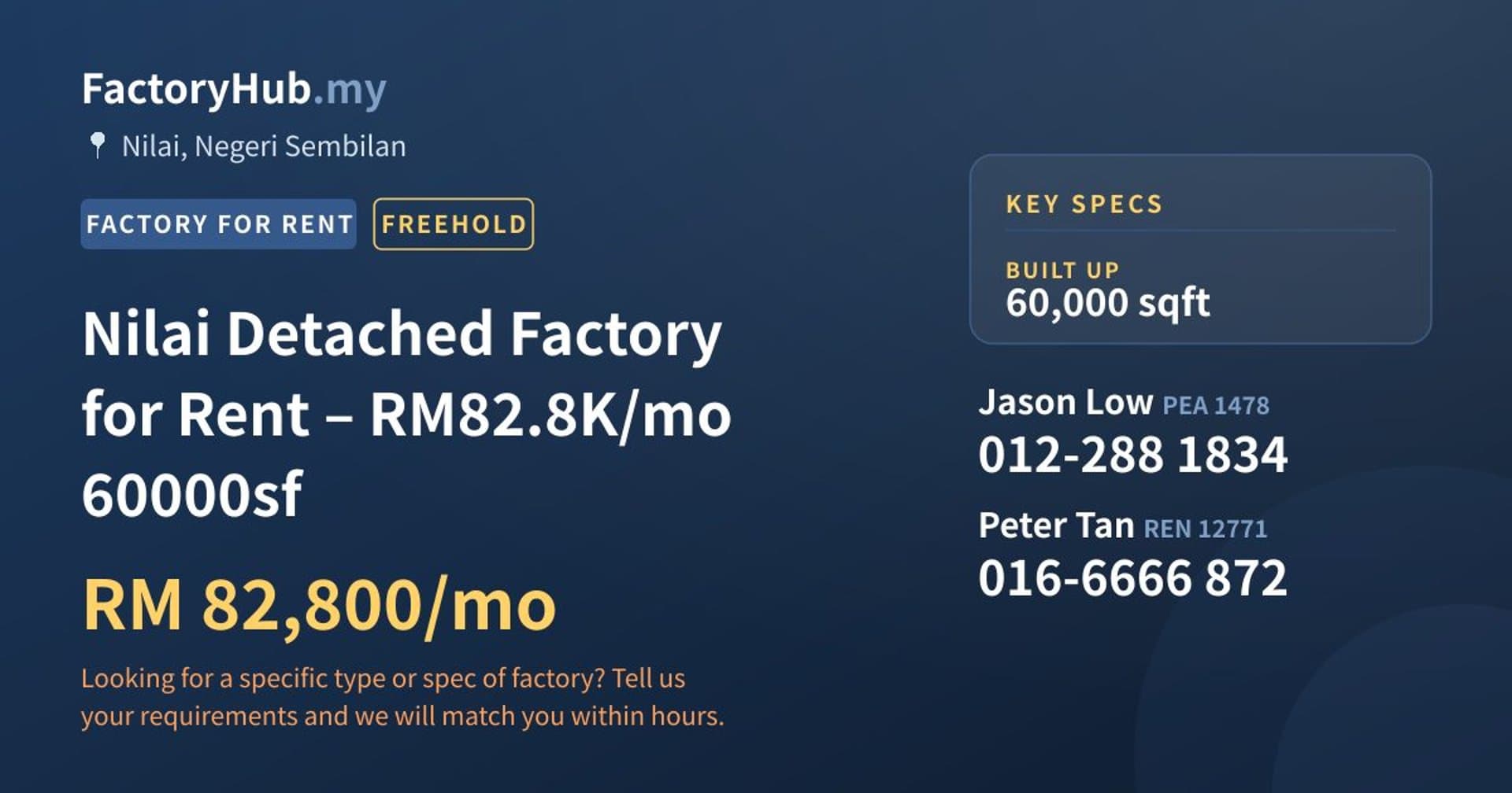 Nilai Detached Factory for Rent – RM82.8K/mo 60000sf - Property image 1 of 6