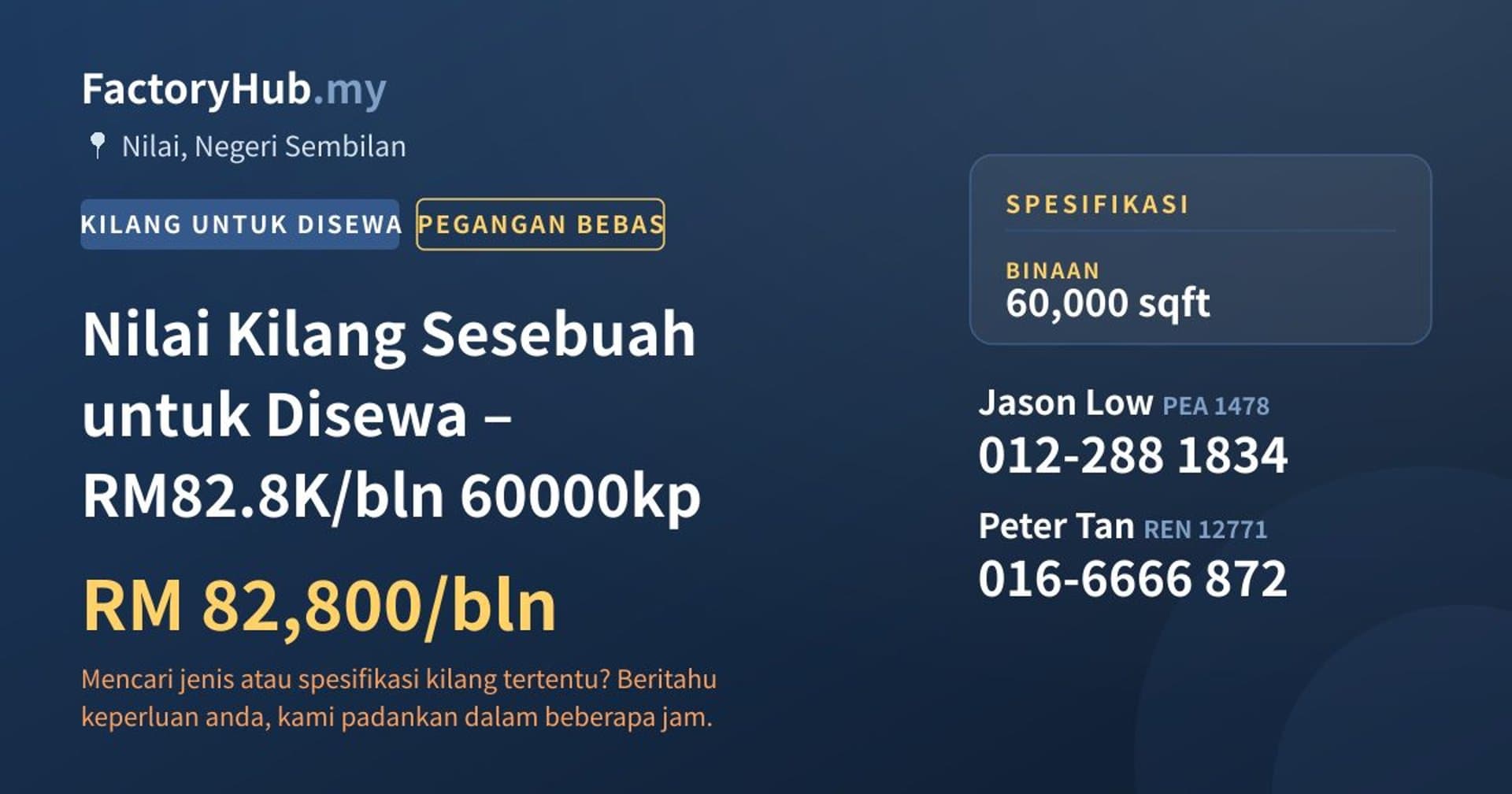 Nilai Kilang Sesebuah untuk Disewa – RM82.8K/bln 60000kp · Imej hartanah 1/6
