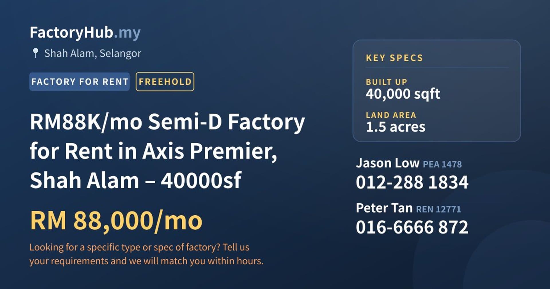 RM88K/mo Semi-D Factory for Rent in Axis Premier, Shah Alam – 40000sf - Property image 1 of 9