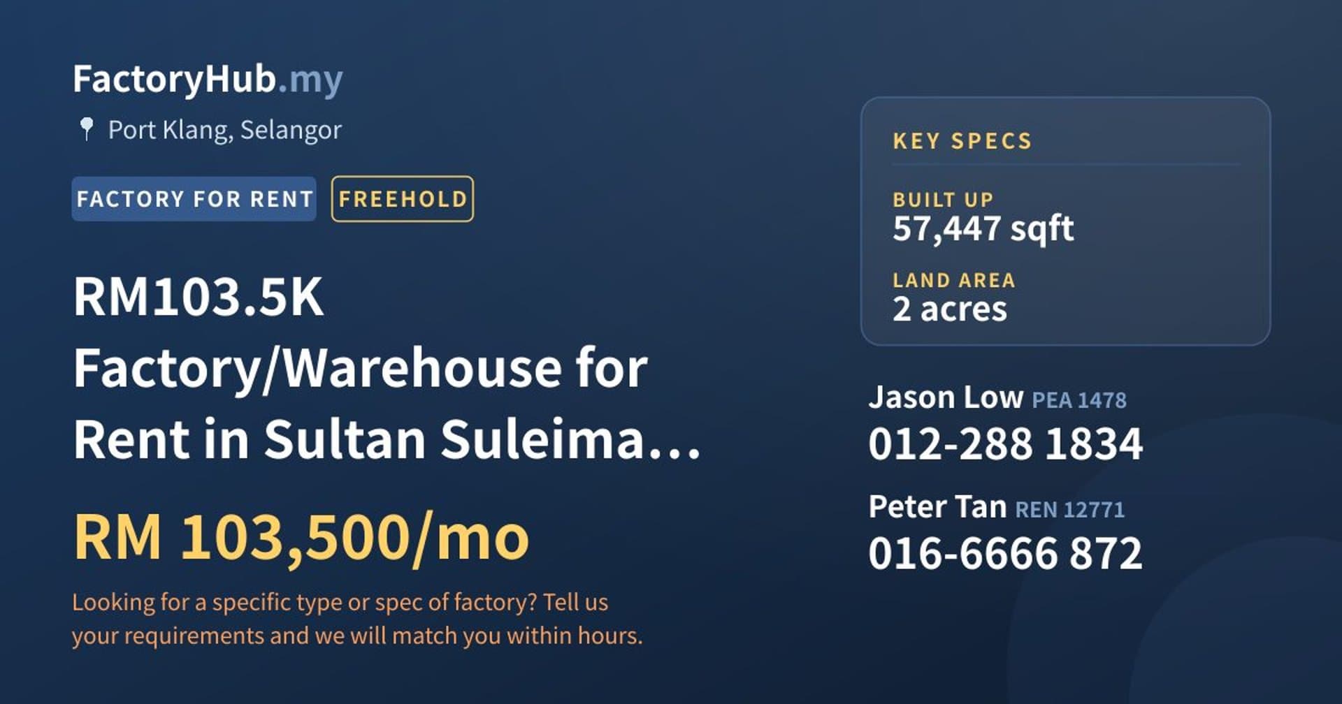 RM103.5K Factory/Warehouse for Rent in Sultan Suleiman – 57447sf - Property image 1 of 9